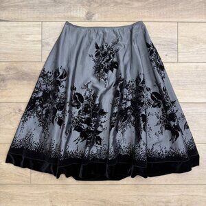 Vintage Y2K Grey Silver Taffeta Velvet Flocked Floral Whimsigoth Midi Skirt Twee